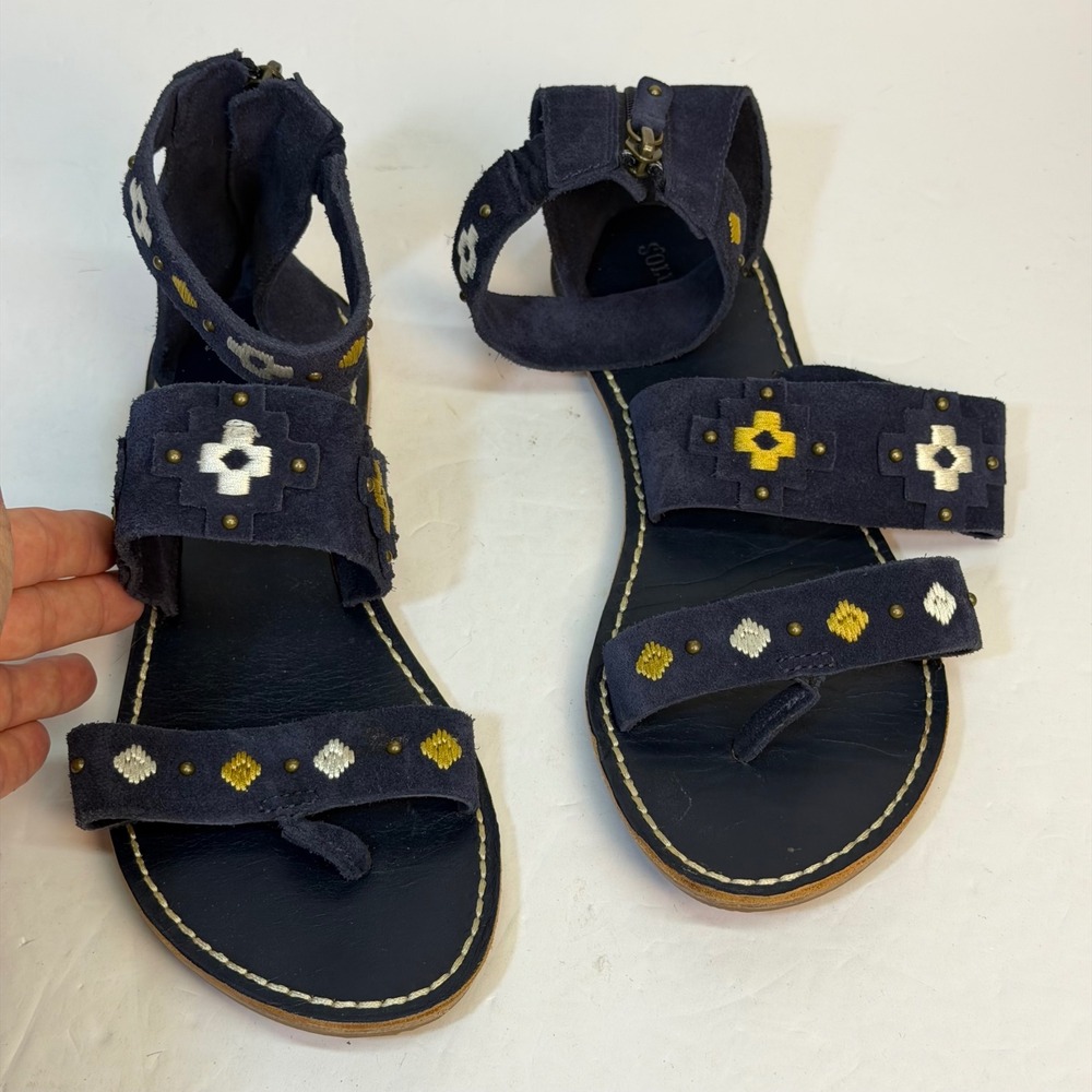 Soludos Womens Navy Blue Suede Embroidered Gladiator Sandals Studded Flat 8